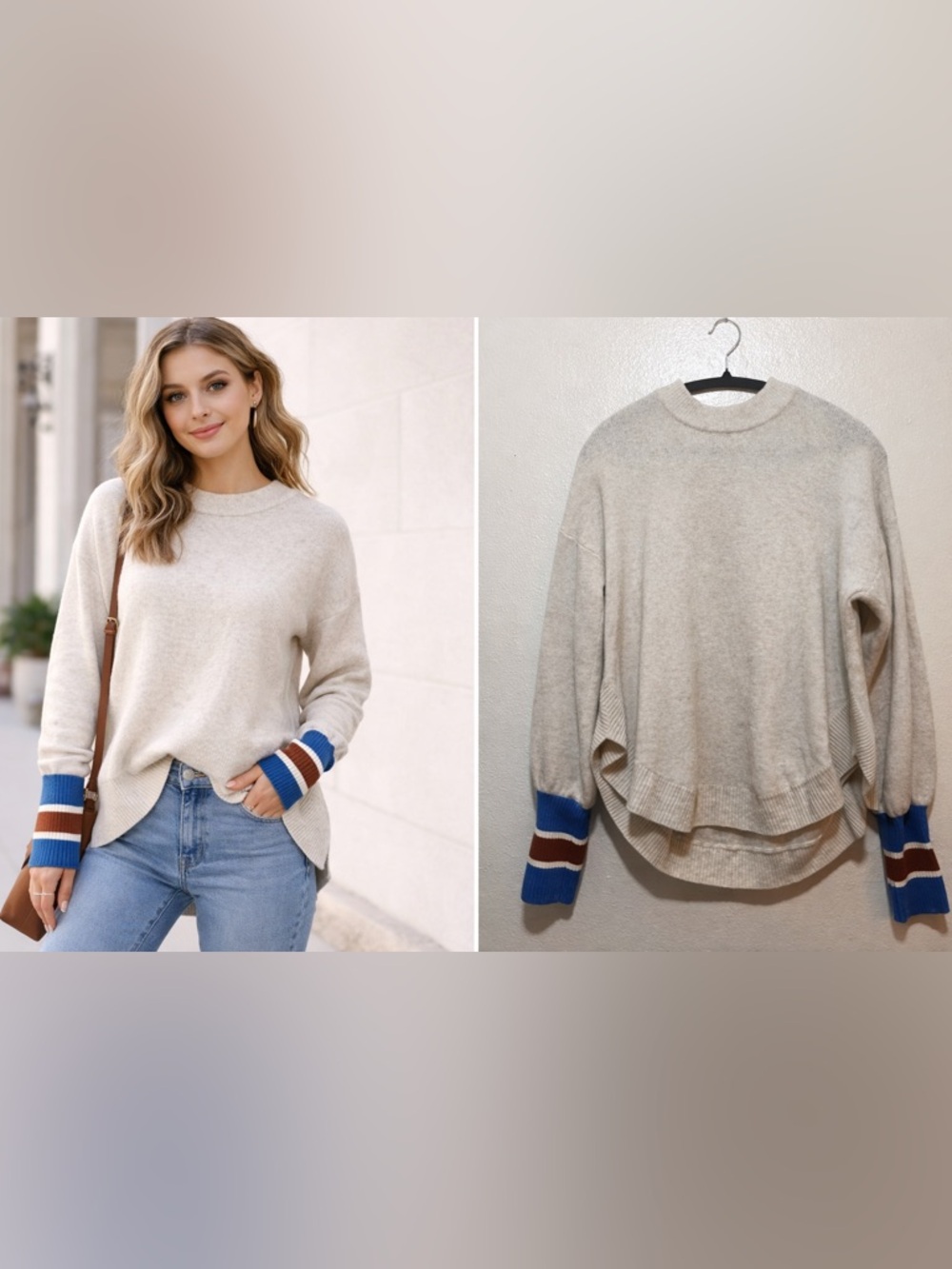 SAYLOR Cream Crewneck Sweater with Blue & Brown Stripe Cuffs